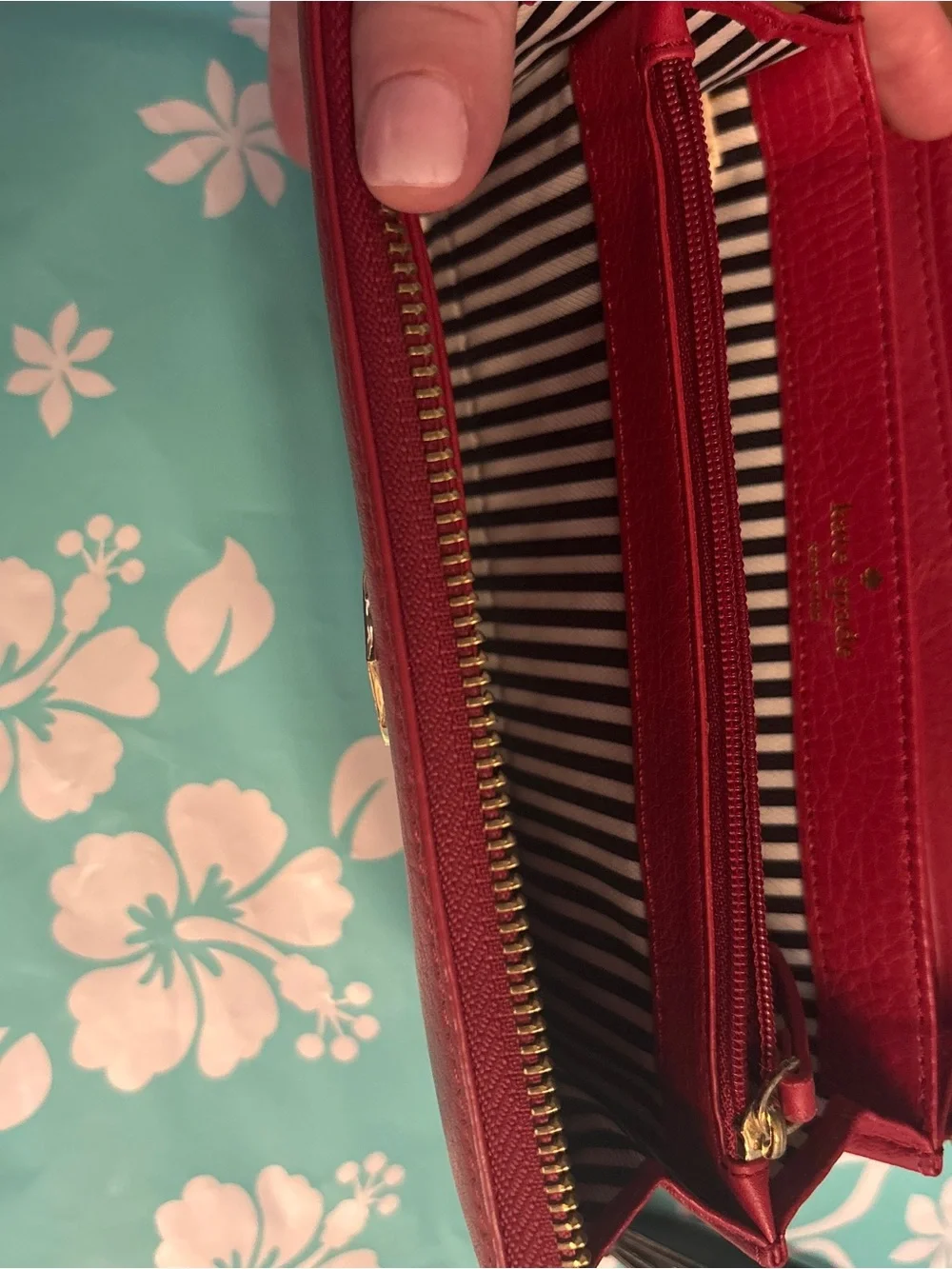 kate spade red leather zip-around wallet with heart spade logo